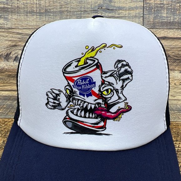 Pabst Blue Ribbon Mens Trucker Hat Navy Snapback Monster Beer Can Retro Logo Cap - Picture 3 of 8